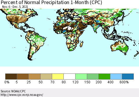World Percent of Normal Precipitation 1-Month (CPC) Thematic Map For 11/6/2021 - 12/5/2021