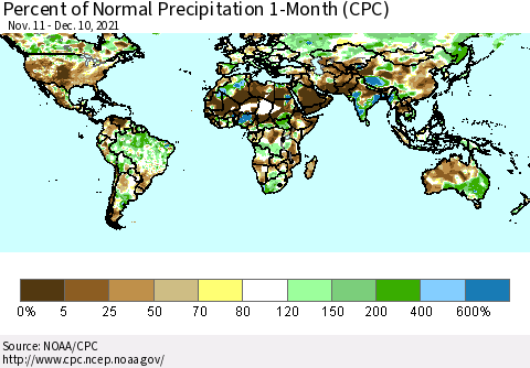 World Percent of Normal Precipitation 1-Month (CPC) Thematic Map For 11/11/2021 - 12/10/2021
