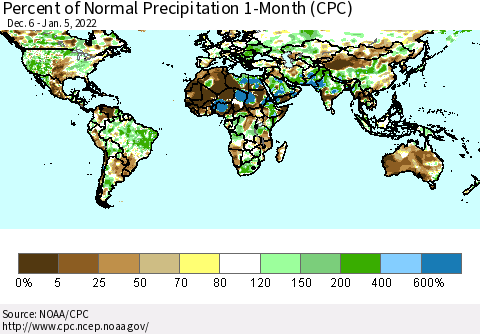 World Percent of Normal Precipitation 1-Month (CPC) Thematic Map For 12/6/2021 - 1/5/2022