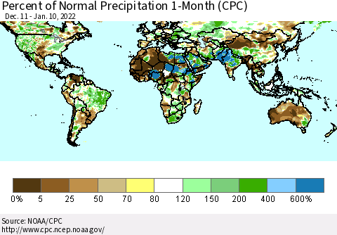 World Percent of Normal Precipitation 1-Month (CPC) Thematic Map For 12/11/2021 - 1/10/2022