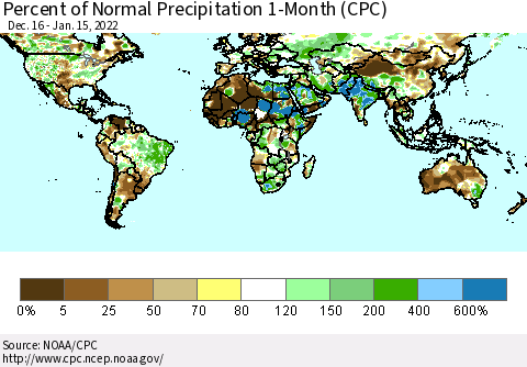 World Percent of Normal Precipitation 1-Month (CPC) Thematic Map For 12/16/2021 - 1/15/2022