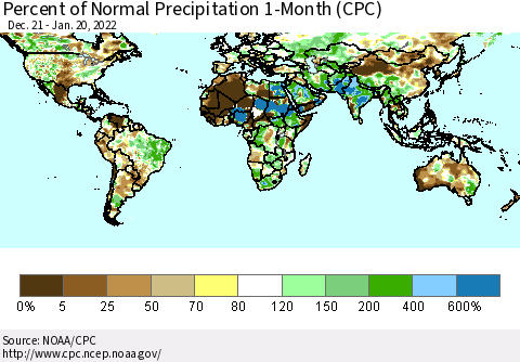 World Percent of Normal Precipitation 1-Month (CPC) Thematic Map For 12/21/2021 - 1/20/2022