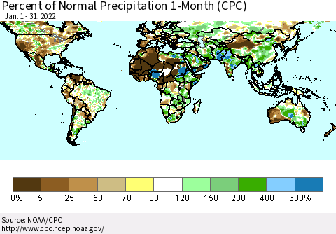 World Percent of Normal Precipitation 1-Month (CPC) Thematic Map For 1/1/2022 - 1/31/2022
