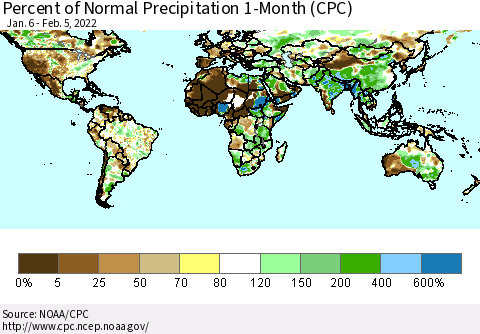 World Percent of Normal Precipitation 1-Month (CPC) Thematic Map For 1/6/2022 - 2/5/2022