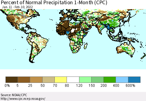 World Percent of Normal Precipitation 1-Month (CPC) Thematic Map For 1/11/2022 - 2/10/2022