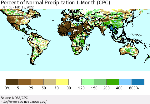 World Percent of Normal Precipitation 1-Month (CPC) Thematic Map For 1/16/2022 - 2/15/2022