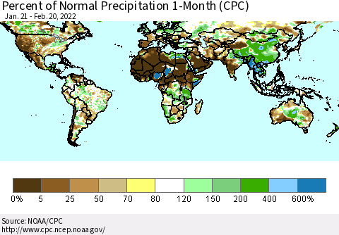 World Percent of Normal Precipitation 1-Month (CPC) Thematic Map For 1/21/2022 - 2/20/2022