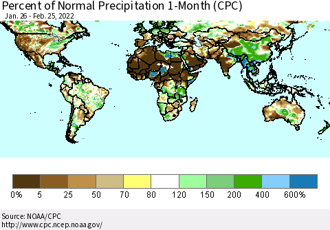 World Percent of Normal Precipitation 1-Month (CPC) Thematic Map For 1/26/2022 - 2/25/2022