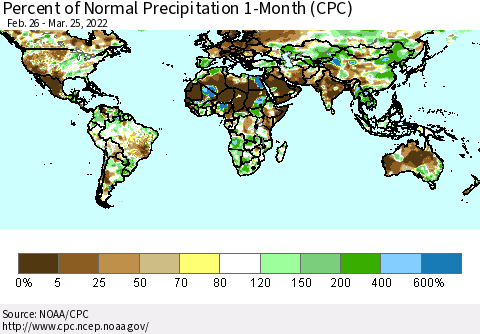 World Percent of Normal Precipitation 1-Month (CPC) Thematic Map For 2/26/2022 - 3/25/2022
