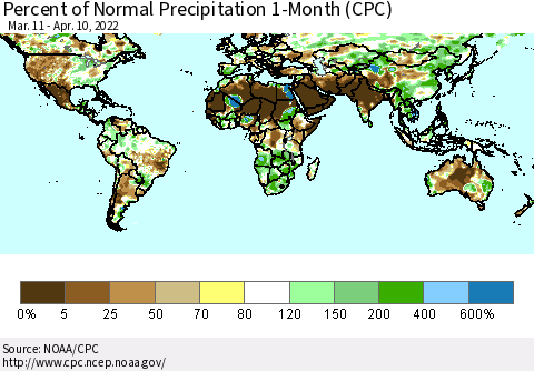 World Percent of Normal Precipitation 1-Month (CPC) Thematic Map For 3/11/2022 - 4/10/2022