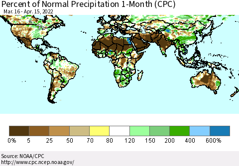 World Percent of Normal Precipitation 1-Month (CPC) Thematic Map For 3/16/2022 - 4/15/2022