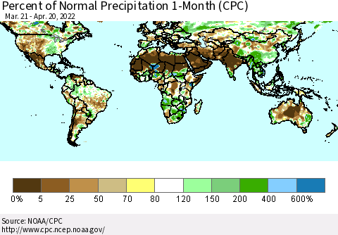 World Percent of Normal Precipitation 1-Month (CPC) Thematic Map For 3/21/2022 - 4/20/2022