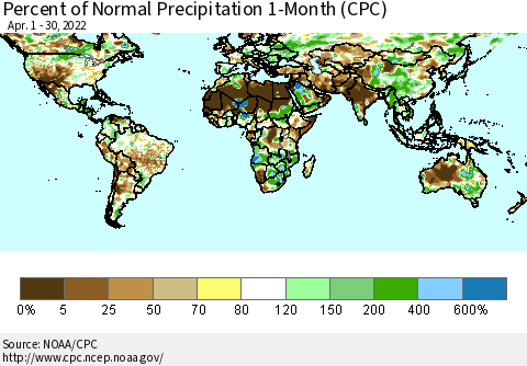 World Percent of Normal Precipitation 1-Month (CPC) Thematic Map For 4/1/2022 - 4/30/2022