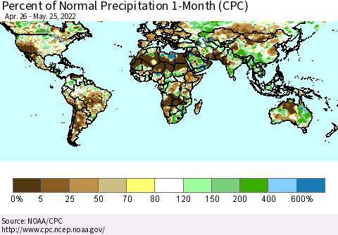 World Percent of Normal Precipitation 1-Month (CPC) Thematic Map For 4/26/2022 - 5/25/2022