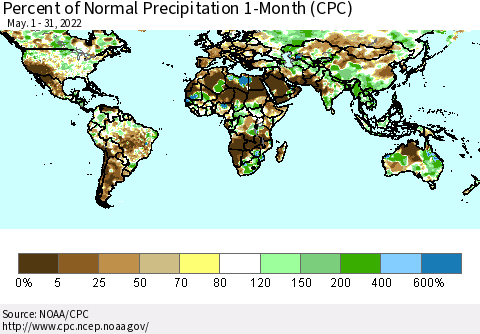 World Percent of Normal Precipitation 1-Month (CPC) Thematic Map For 5/1/2022 - 5/31/2022