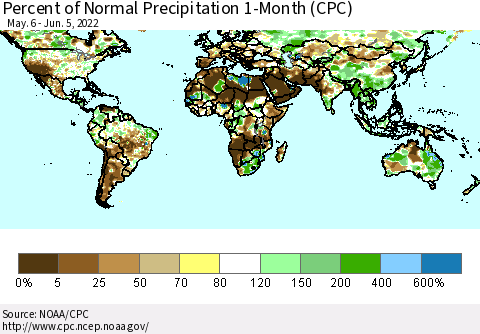 World Percent of Normal Precipitation 1-Month (CPC) Thematic Map For 5/6/2022 - 6/5/2022