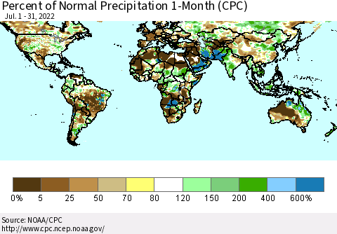 World Percent of Normal Precipitation 1-Month (CPC) Thematic Map For 7/1/2022 - 7/31/2022