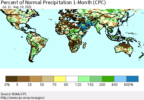 World Percent of Normal Precipitation 1-Month (CPC) Thematic Map For 7/11/2022 - 8/10/2022