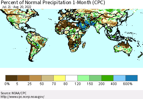 World Percent of Normal Precipitation 1-Month (CPC) Thematic Map For 7/21/2022 - 8/20/2022
