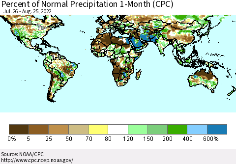 World Percent of Normal Precipitation 1-Month (CPC) Thematic Map For 7/26/2022 - 8/25/2022