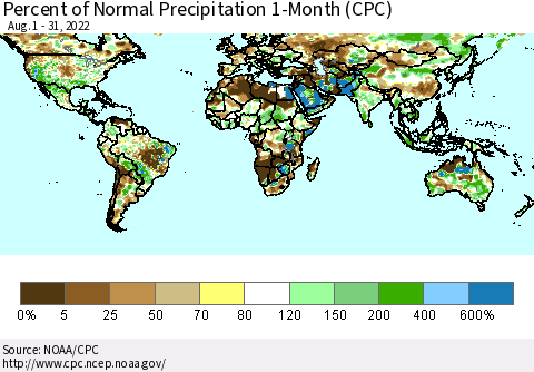 World Percent of Normal Precipitation 1-Month (CPC) Thematic Map For 8/1/2022 - 8/31/2022