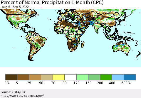 World Percent of Normal Precipitation 1-Month (CPC) Thematic Map For 8/6/2022 - 9/5/2022