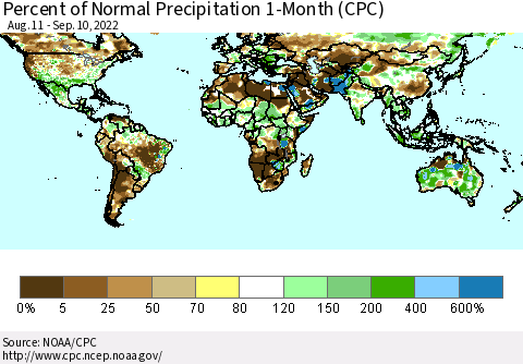 World Percent of Normal Precipitation 1-Month (CPC) Thematic Map For 8/11/2022 - 9/10/2022