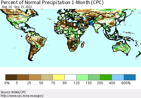 World Percent of Normal Precipitation 1-Month (CPC) Thematic Map For 8/16/2022 - 9/15/2022