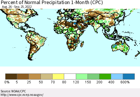 World Percent of Normal Precipitation 1-Month (CPC) Thematic Map For 8/26/2022 - 9/25/2022