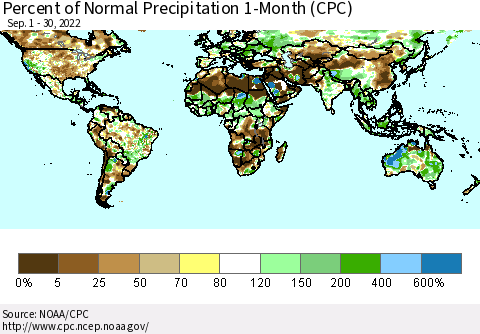 World Percent of Normal Precipitation 1-Month (CPC) Thematic Map For 9/1/2022 - 9/30/2022