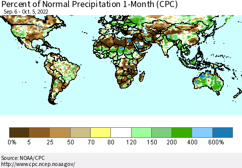 World Percent of Normal Precipitation 1-Month (CPC) Thematic Map For 9/6/2022 - 10/5/2022