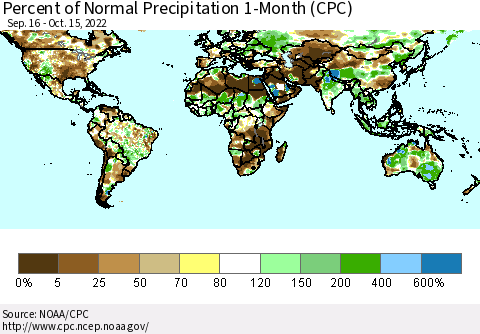 World Percent of Normal Precipitation 1-Month (CPC) Thematic Map For 9/16/2022 - 10/15/2022