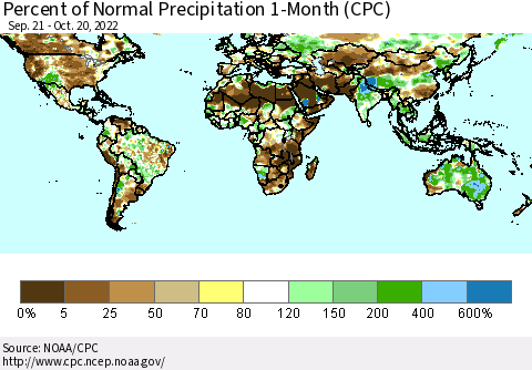 World Percent of Normal Precipitation 1-Month (CPC) Thematic Map For 9/21/2022 - 10/20/2022