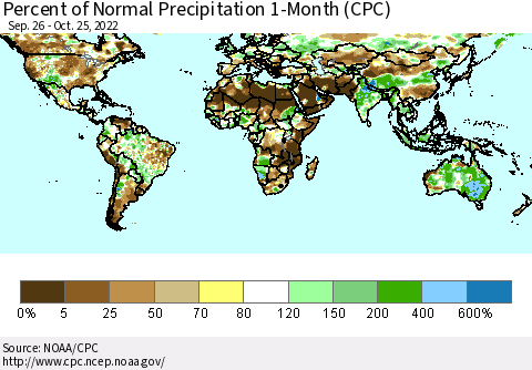 World Percent of Normal Precipitation 1-Month (CPC) Thematic Map For 9/26/2022 - 10/25/2022