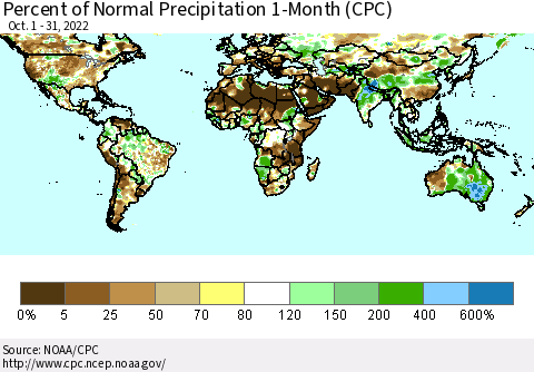 World Percent of Normal Precipitation 1-Month (CPC) Thematic Map For 10/1/2022 - 10/31/2022