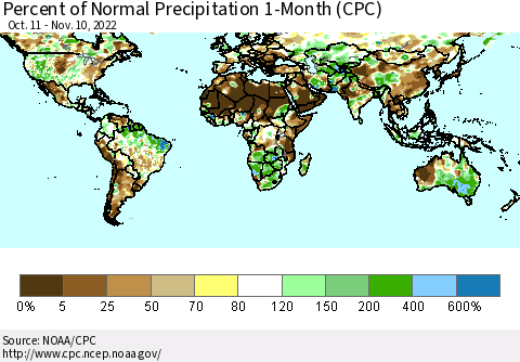 World Percent of Normal Precipitation 1-Month (CPC) Thematic Map For 10/11/2022 - 11/10/2022