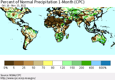 World Percent of Normal Precipitation 1-Month (CPC) Thematic Map For 10/16/2022 - 11/15/2022