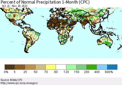 World Percent of Normal Precipitation 1-Month (CPC) Thematic Map For 10/21/2022 - 11/20/2022