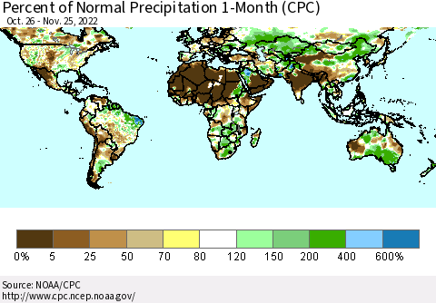 World Percent of Normal Precipitation 1-Month (CPC) Thematic Map For 10/26/2022 - 11/25/2022