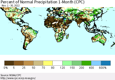 World Percent of Normal Precipitation 1-Month (CPC) Thematic Map For 11/1/2022 - 11/30/2022
