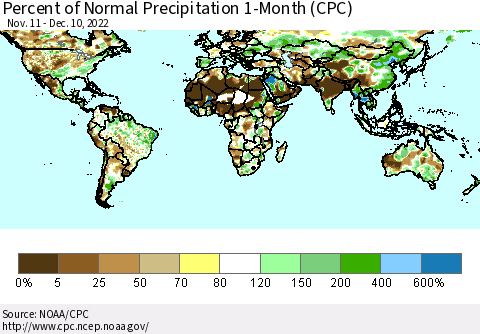 World Percent of Normal Precipitation 1-Month (CPC) Thematic Map For 11/11/2022 - 12/10/2022