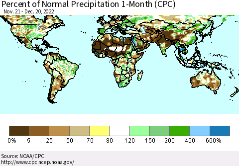 World Percent of Normal Precipitation 1-Month (CPC) Thematic Map For 11/21/2022 - 12/20/2022