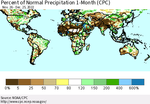 World Percent of Normal Precipitation 1-Month (CPC) Thematic Map For 11/26/2022 - 12/25/2022