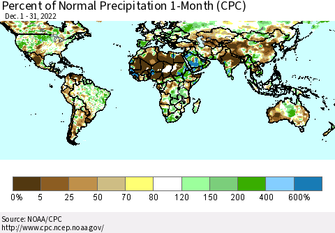 World Percent of Normal Precipitation 1-Month (CPC) Thematic Map For 12/1/2022 - 12/31/2022