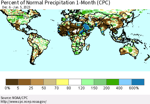 World Percent of Normal Precipitation 1-Month (CPC) Thematic Map For 12/6/2022 - 1/5/2023
