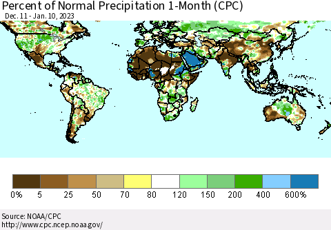 World Percent of Normal Precipitation 1-Month (CPC) Thematic Map For 12/11/2022 - 1/10/2023
