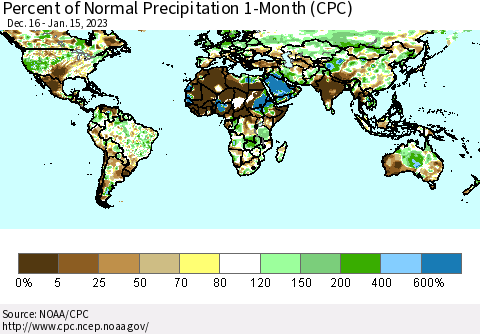 World Percent of Normal Precipitation 1-Month (CPC) Thematic Map For 12/16/2022 - 1/15/2023