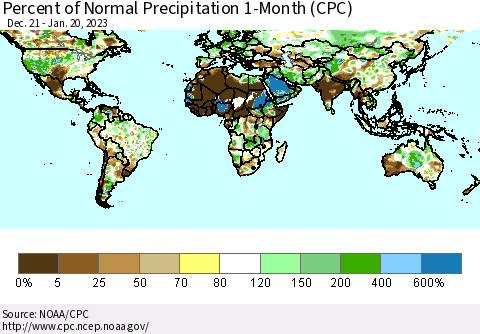 World Percent of Normal Precipitation 1-Month (CPC) Thematic Map For 12/21/2022 - 1/20/2023