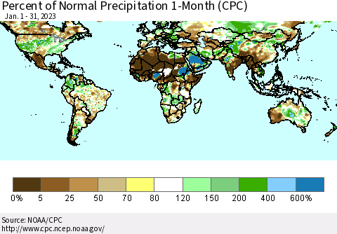 World Percent of Normal Precipitation 1-Month (CPC) Thematic Map For 1/1/2023 - 1/31/2023