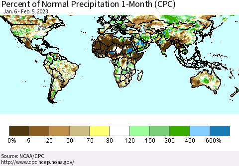 World Percent of Normal Precipitation 1-Month (CPC) Thematic Map For 1/6/2023 - 2/5/2023
